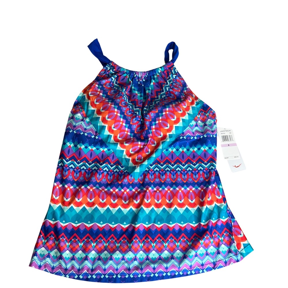 Jantzen Tankini Swim Top Sz 6 Blue Multi Geometric Chevron High Neck NWT